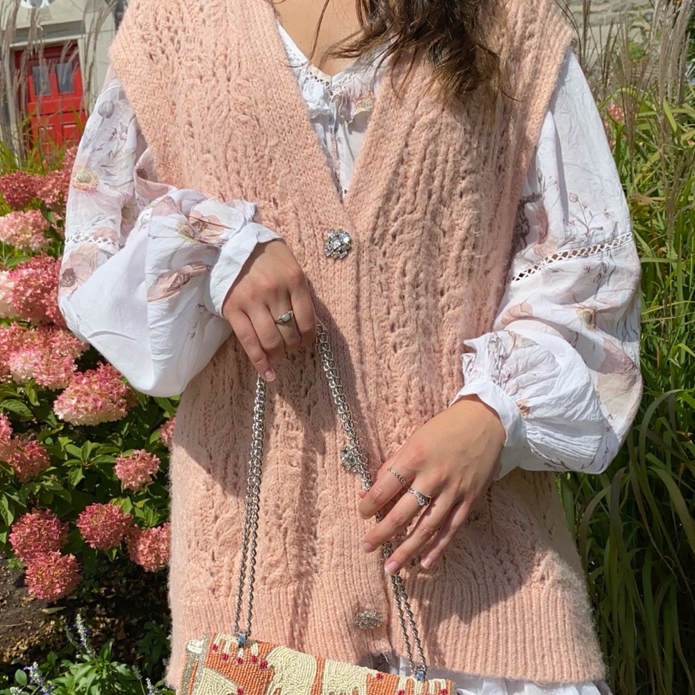 Zara Pink Knit Sweater Vest with Embellished Buttons